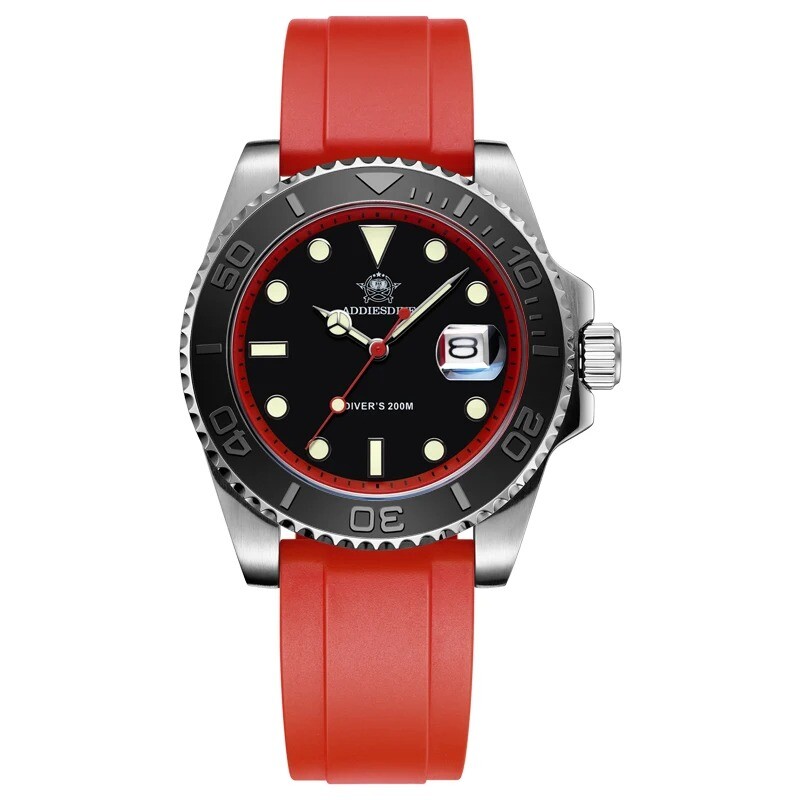 Addiesdive 41mm Quartz Dive Watch 200m Silver Stainless Steel Bezel Rubber Strap