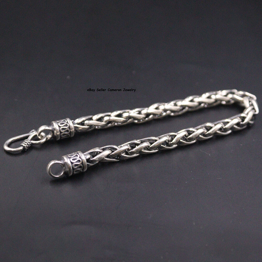 Pure S925 Sterling Silver Bracelet Men 6mm Cross Wheat Link Chain 20-21g 7.9inch