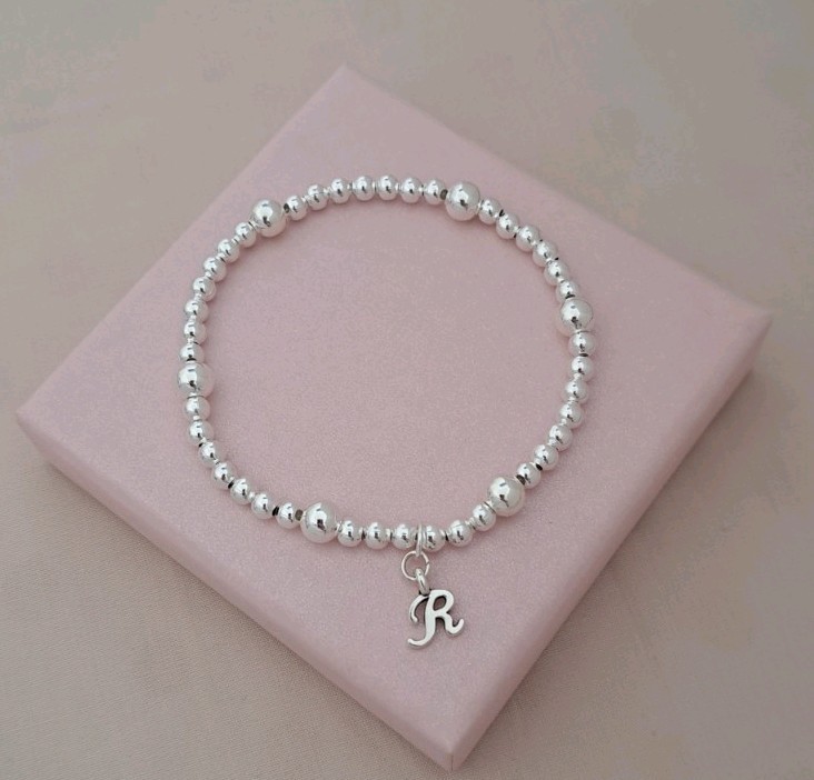 Personalised Initial Heart Bracelet Set Silver Bead Stacking Gift Women