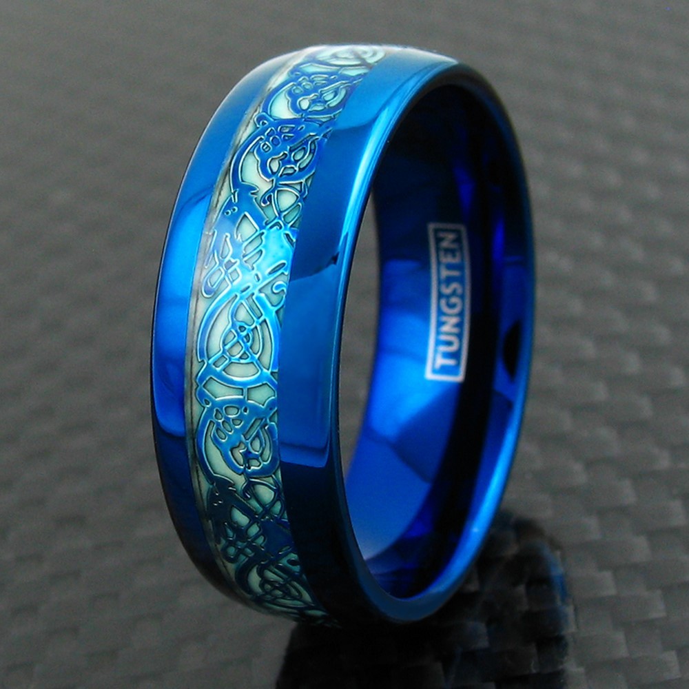 8mm Blue Tungsten Men’s Ring Celtic Dragon *Glow in the Dark* Wedding Band