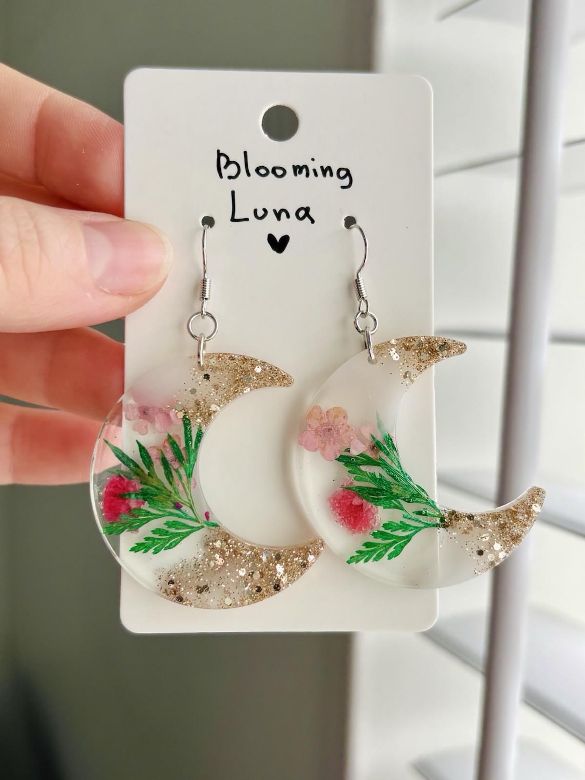 Blooming Luna Floral Moon Resin Earrings Handmade Real Flowers Gold Glitter