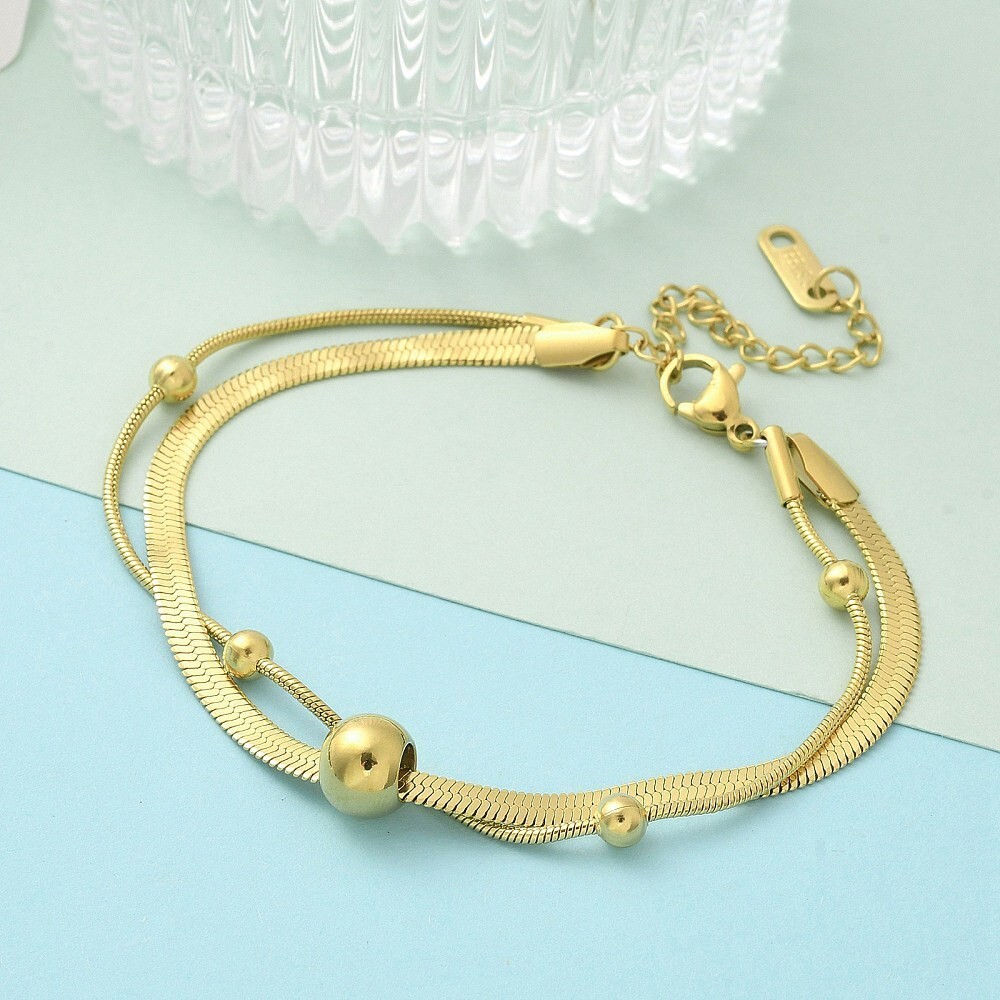 14K Gold Plated Stainless Steel Herringbone Snake Bracelet Bead Adjustable T34