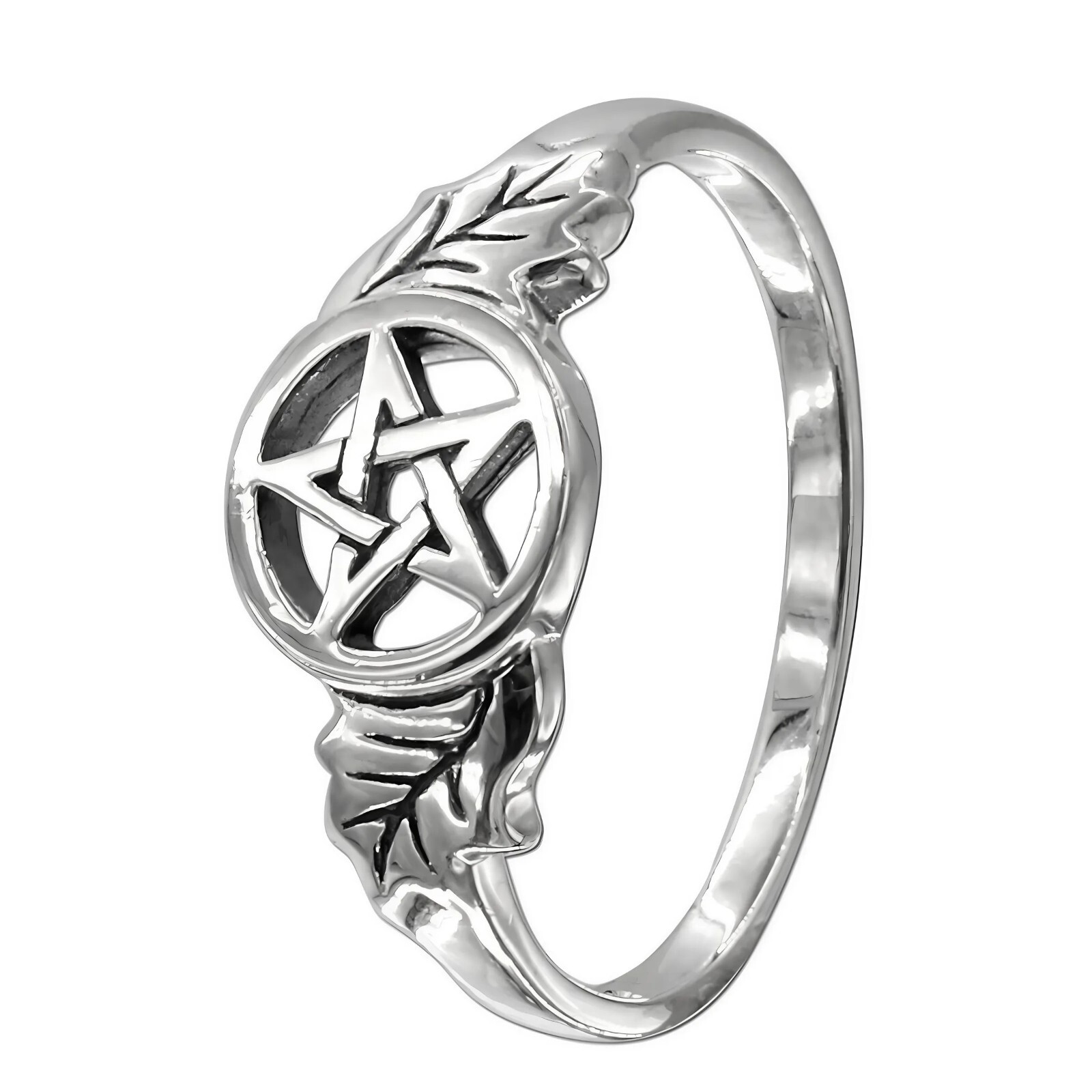 Sterling Silver Oak Tree Leaf Pentacle Ring – Wiccan Pagan Pentagram Jewelry