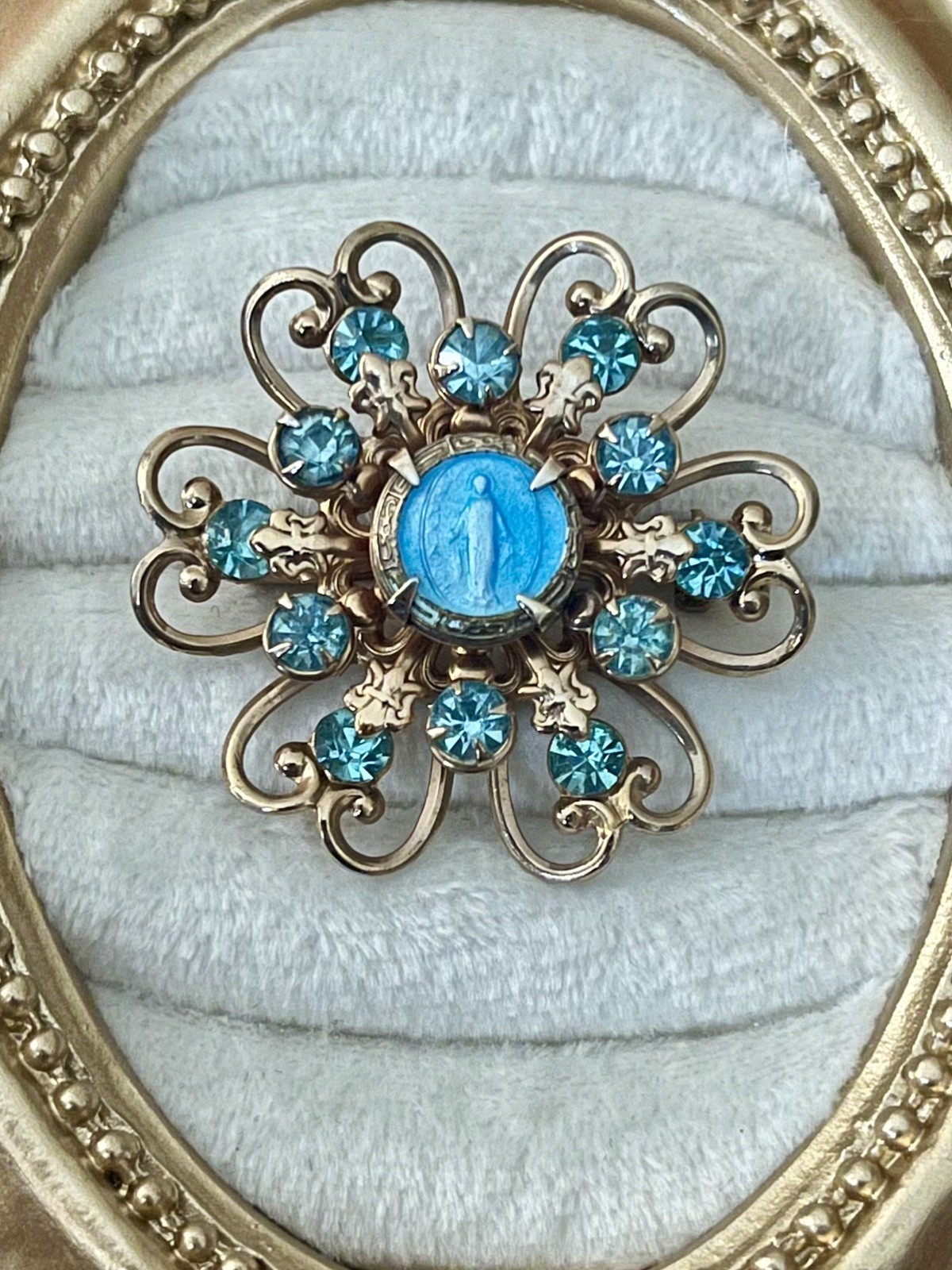 Vintage Mary Brooch Immaculate Conception Blue Rhinestone Religious Vintage