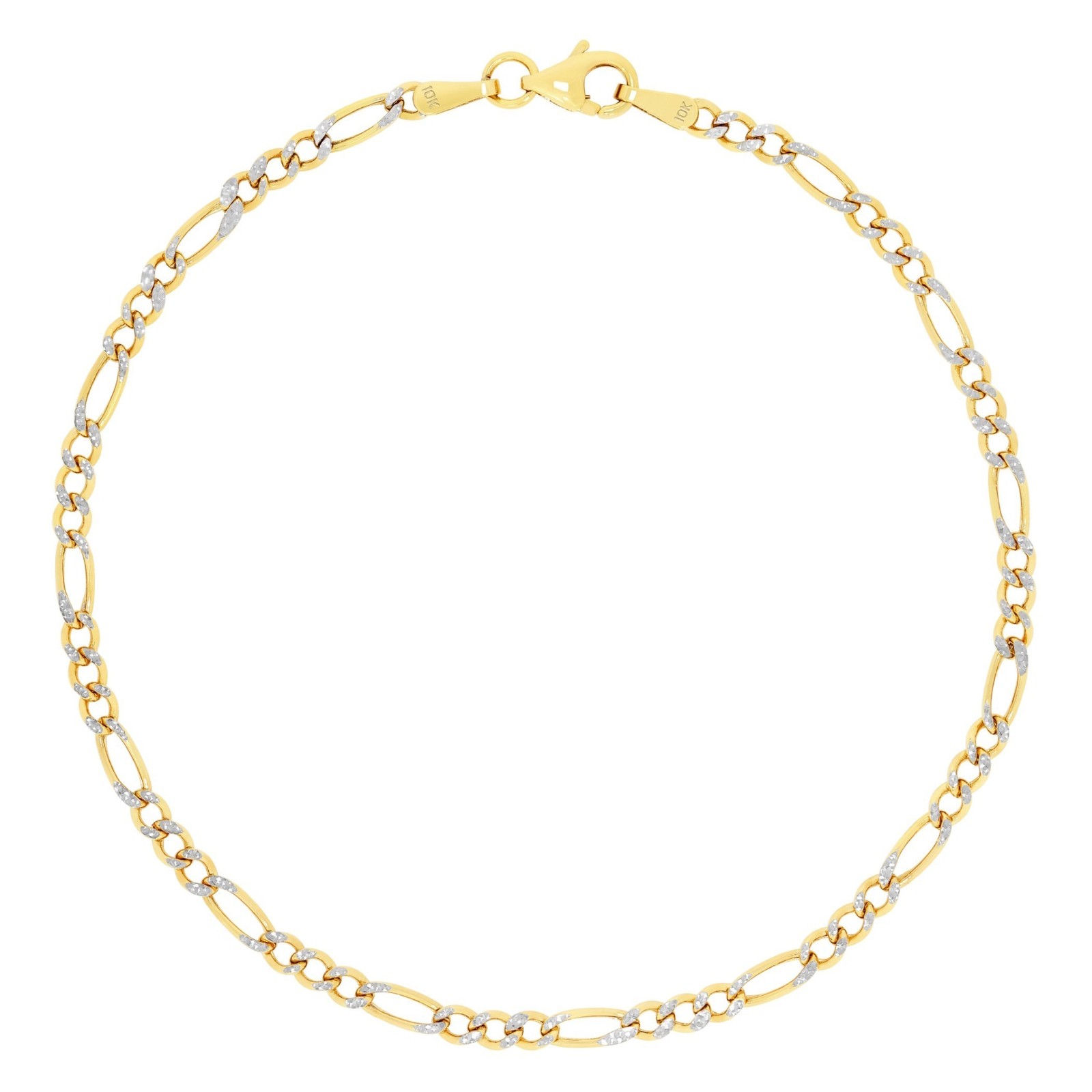 10K Yellow Gold Diamond Cut 2.5mm-6.5mm White Pave Figaro Chain Bracelet 7″- 9″