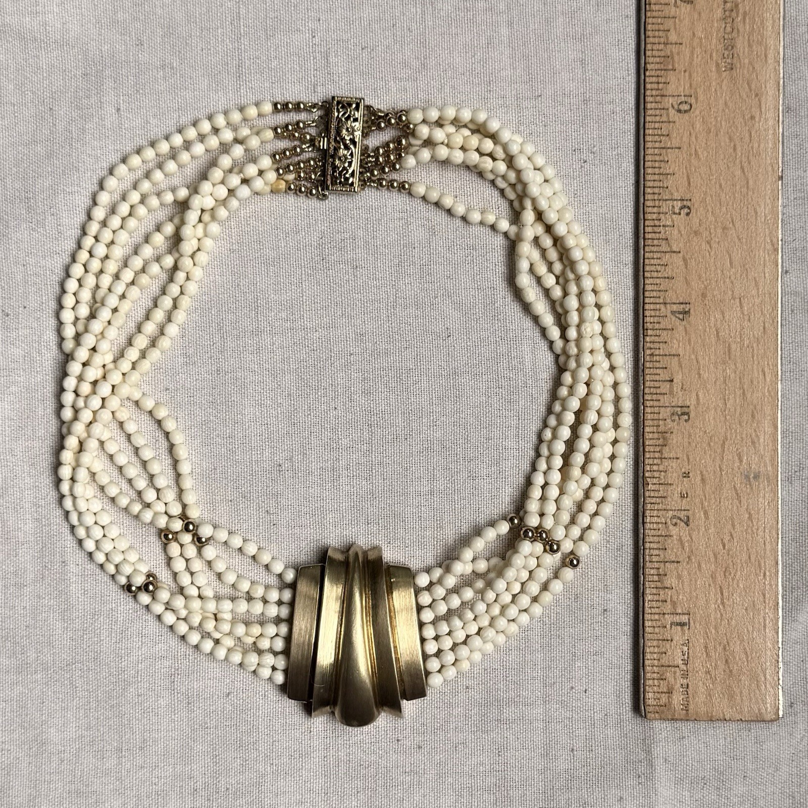 Vintage Gilt Sterling Bone Bead Multi Strand Modernist Necklace