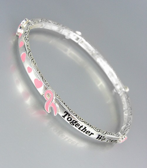 Silver BREAST CANCER AWARENESS Pink Ribbon HEARTS Stretch Stackable Bracelet