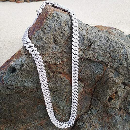 White Gold Plated Iced CZ Out Stainless Steel Miami Cuban Link Bracelet Or Chain