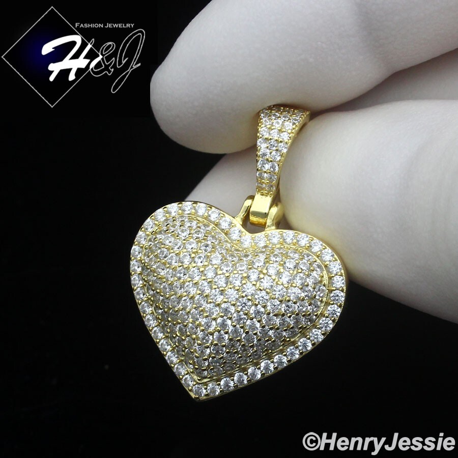 WOMEN 925 STERLING SILVER ICY CZ GOLD PLATED 3D DOUBLE HEART SHAPE PENDANT*GP463