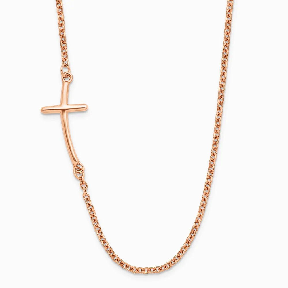 Sterling Silver Rose Gold-Plated Large Off-Set Sideways Curved Cross Necklace