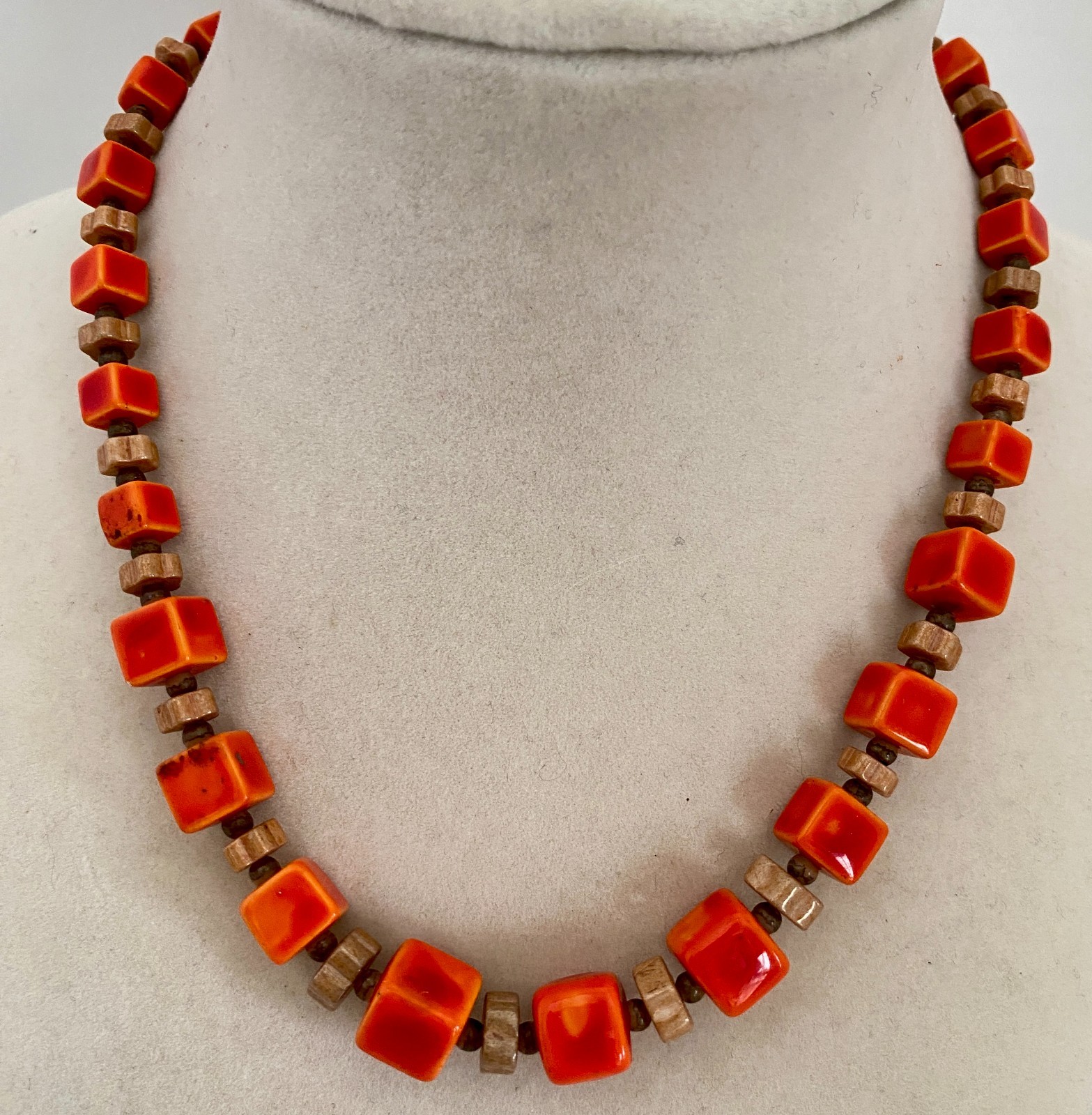 Vintage Orange & Brown Square Bead Necklace Stone Glass Barrel Clasp MCM 15.5″