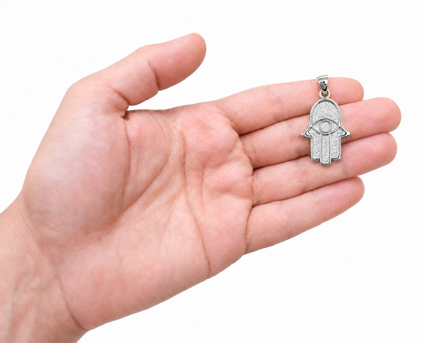 Solid 10K White Gold Hamsa Pendant, Evil Eye Pendant, Large 1.2 inch