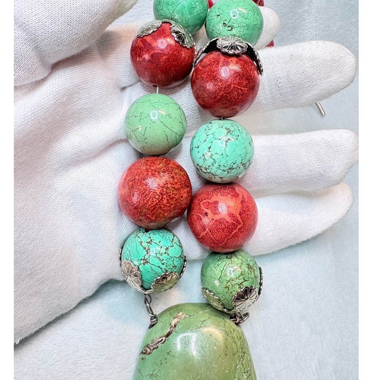 Chunky Coral & Turquoise Color Statement Necklace w Large Green Stone Pendant