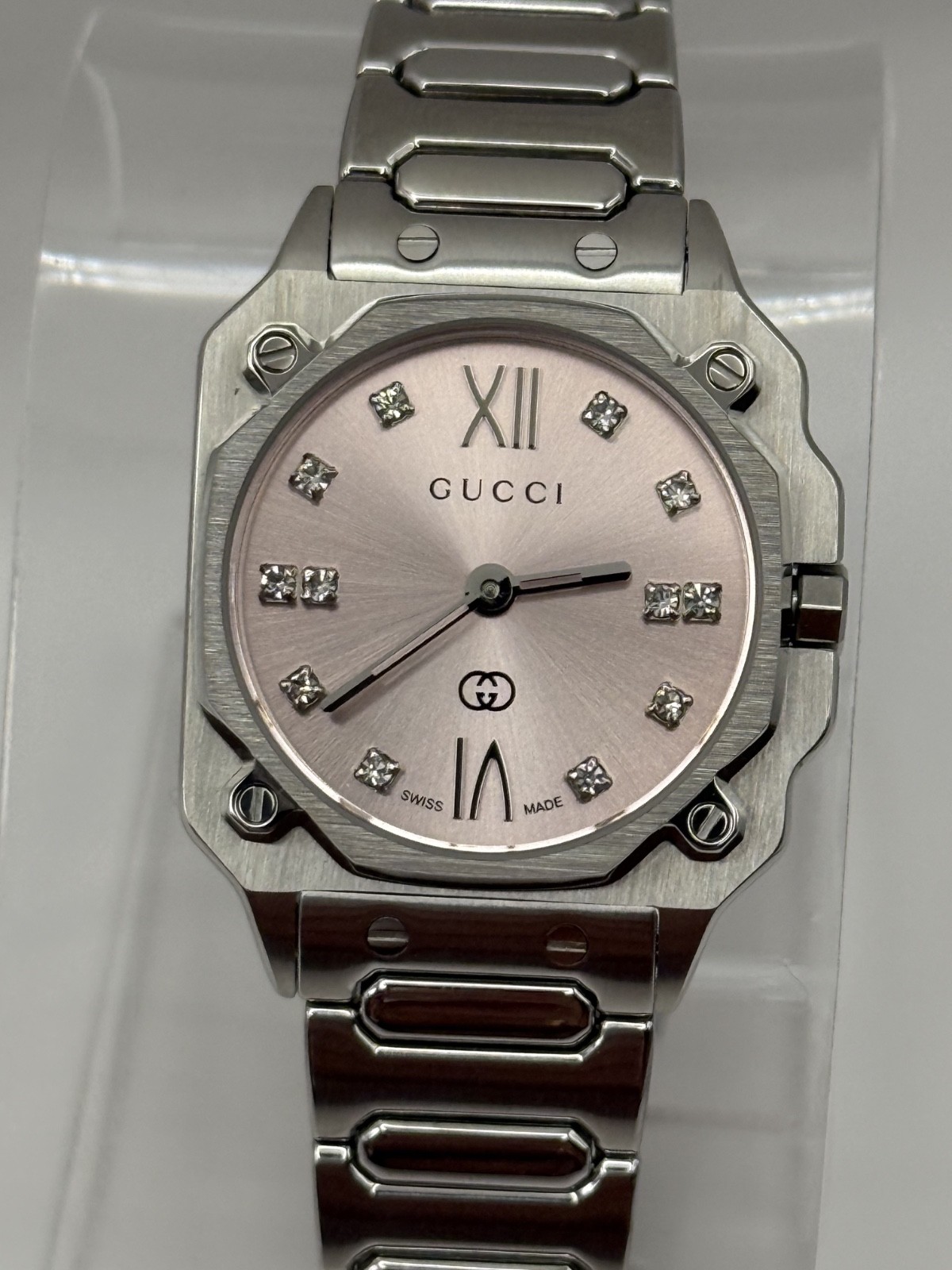 Gucci G-Flat Quartz 24mm Diamond Accent Pink Dial Women’s Watch YA166501