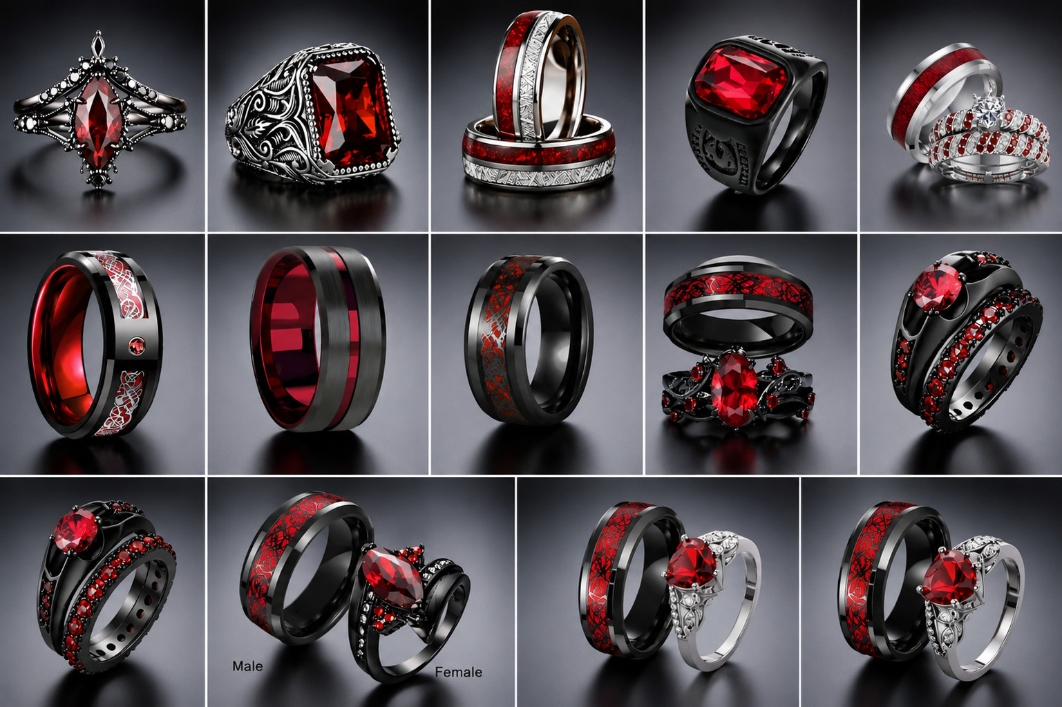 Enchanting Red Black Couple Ring His/Her Made for Lovers Valentine’s Day Edition
