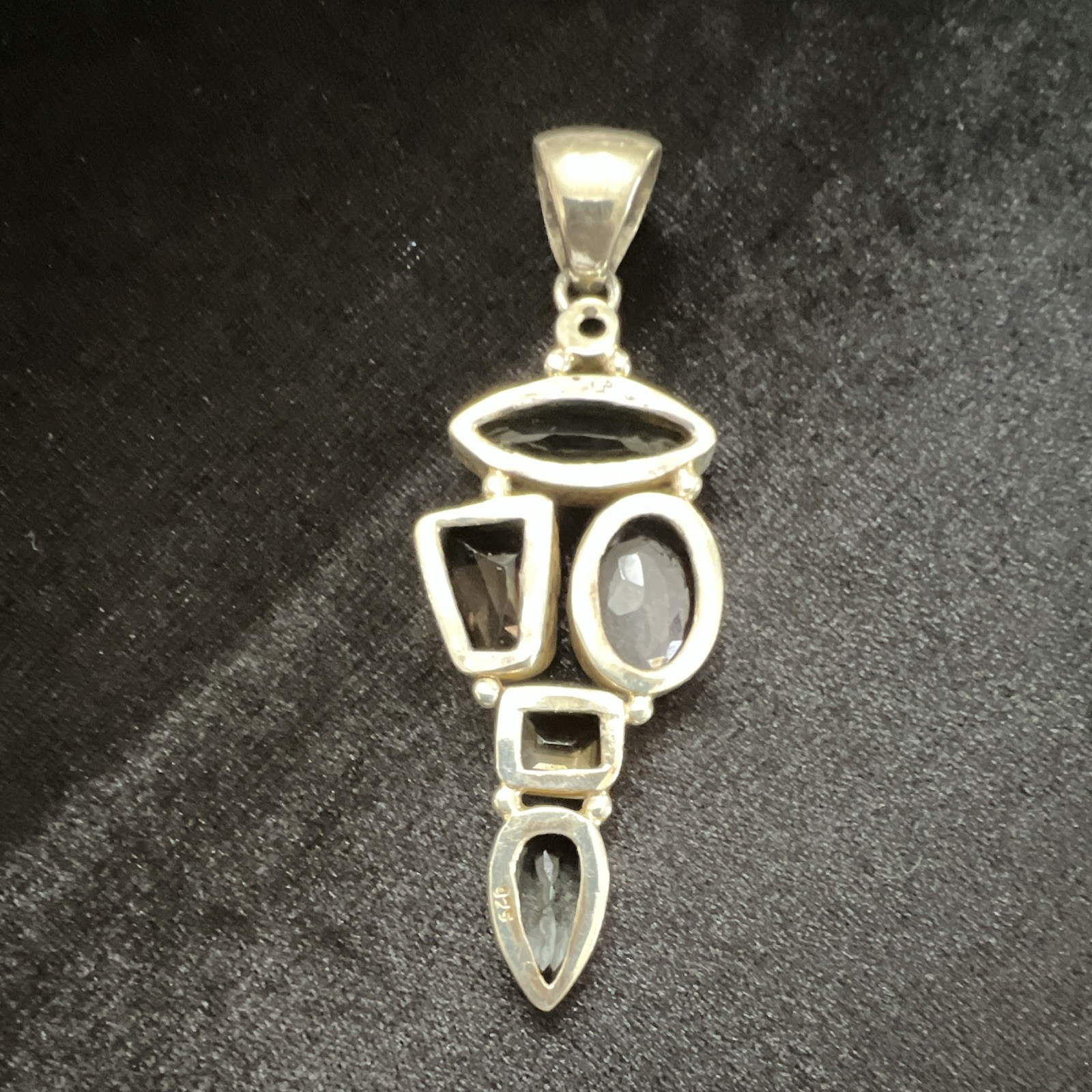 Silver Tone Multi-Stone Bezel Set Asymmetrical Charm Pendant, 5 Mixed Shapes