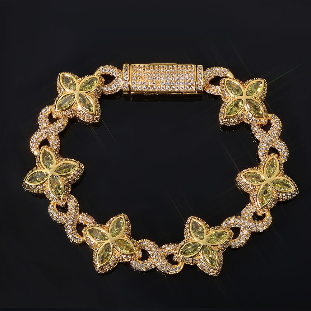 18K Gold Plated Four Leaf Clover Chain 5A Iced CZ Out Hip Hop Jewelry for Men