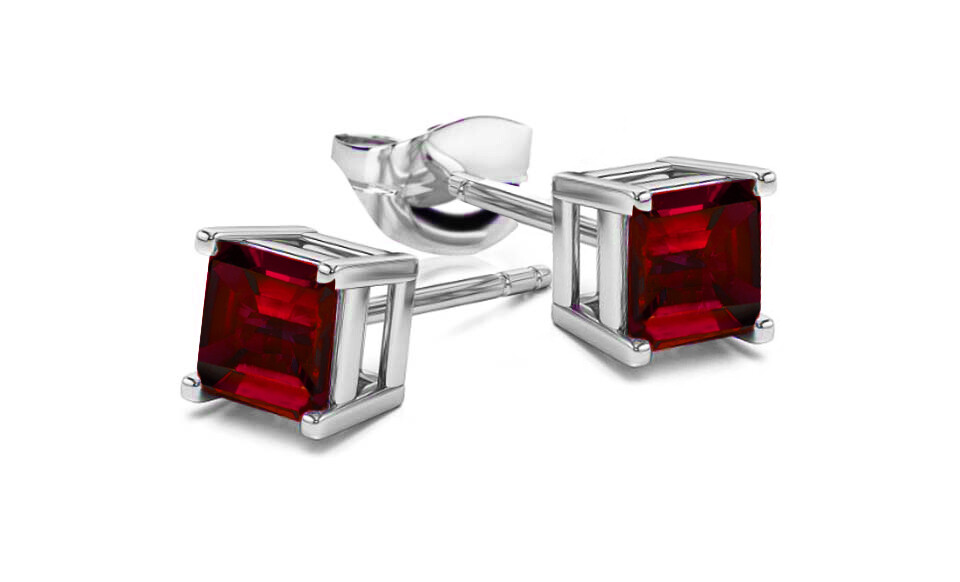 925 Sterling Silver Princess Cut Red Cubic Zirconia Stud Earrings Women’s