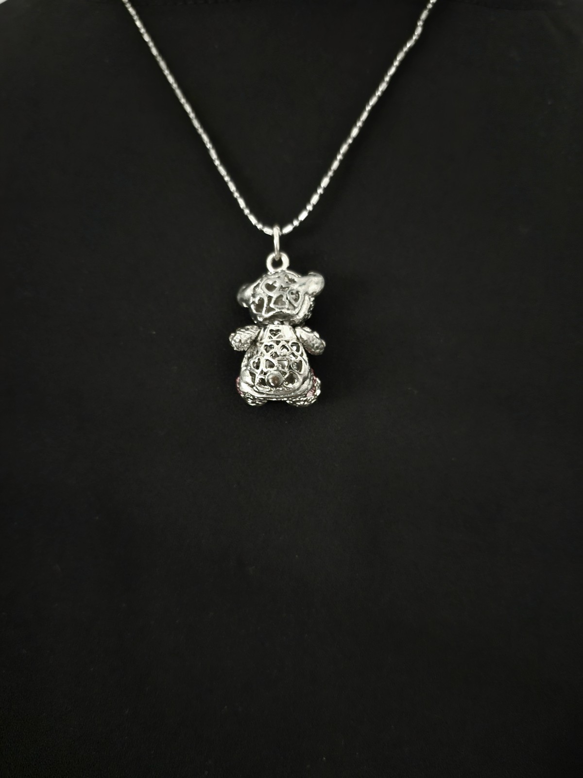 Silver Toned Teddy Bear Chrystal Pendant Necklace With Moving Head Pink White S