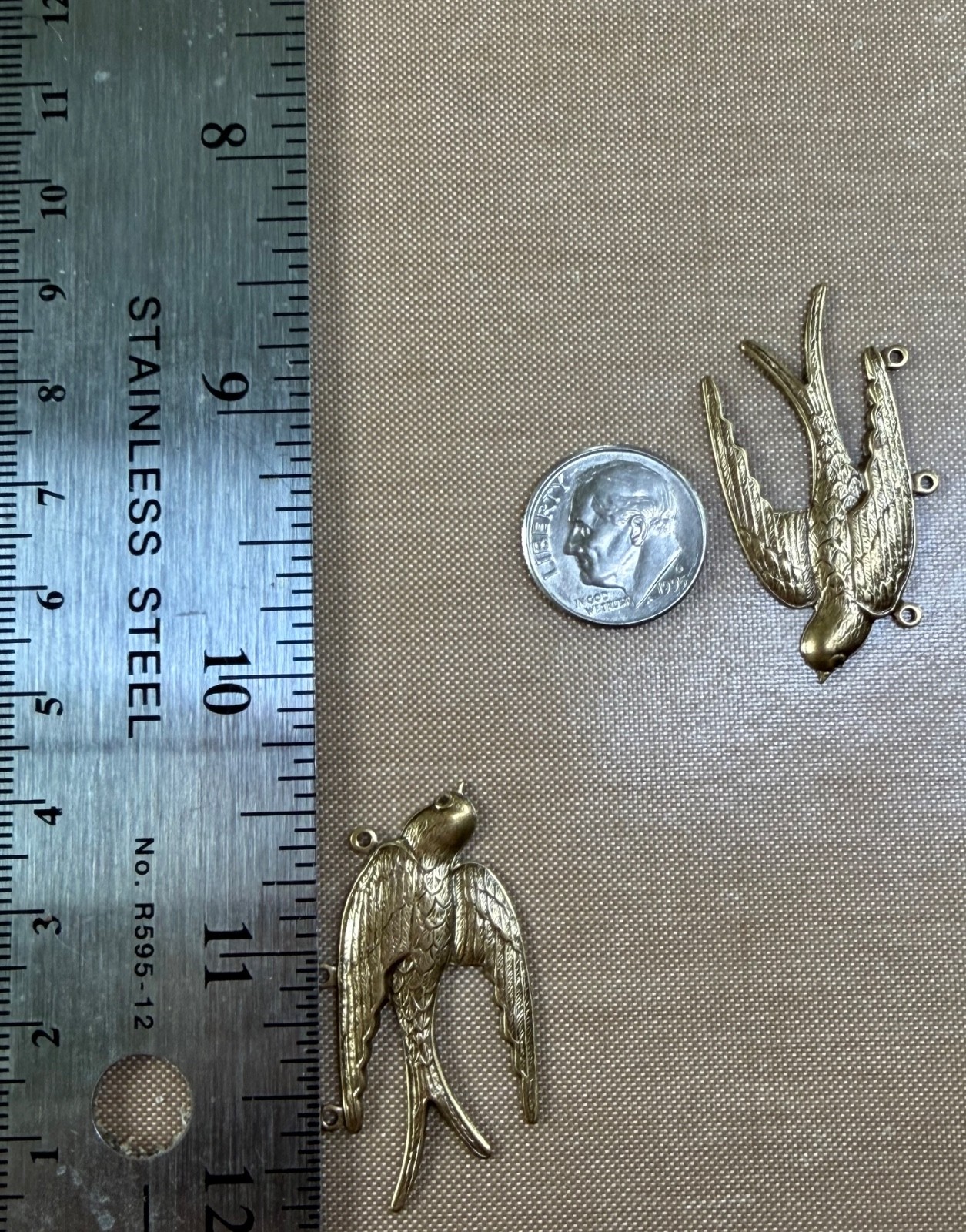 Vintage Brass Swallow Bird Connectors 39mm 3 Loop Art Nouveau Stampings NOS Lot