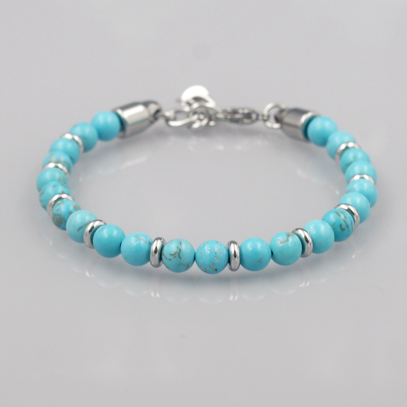 Men Blue Turquoise Natural Stone Stainless Steel Chain Bangle Bracelet 20150