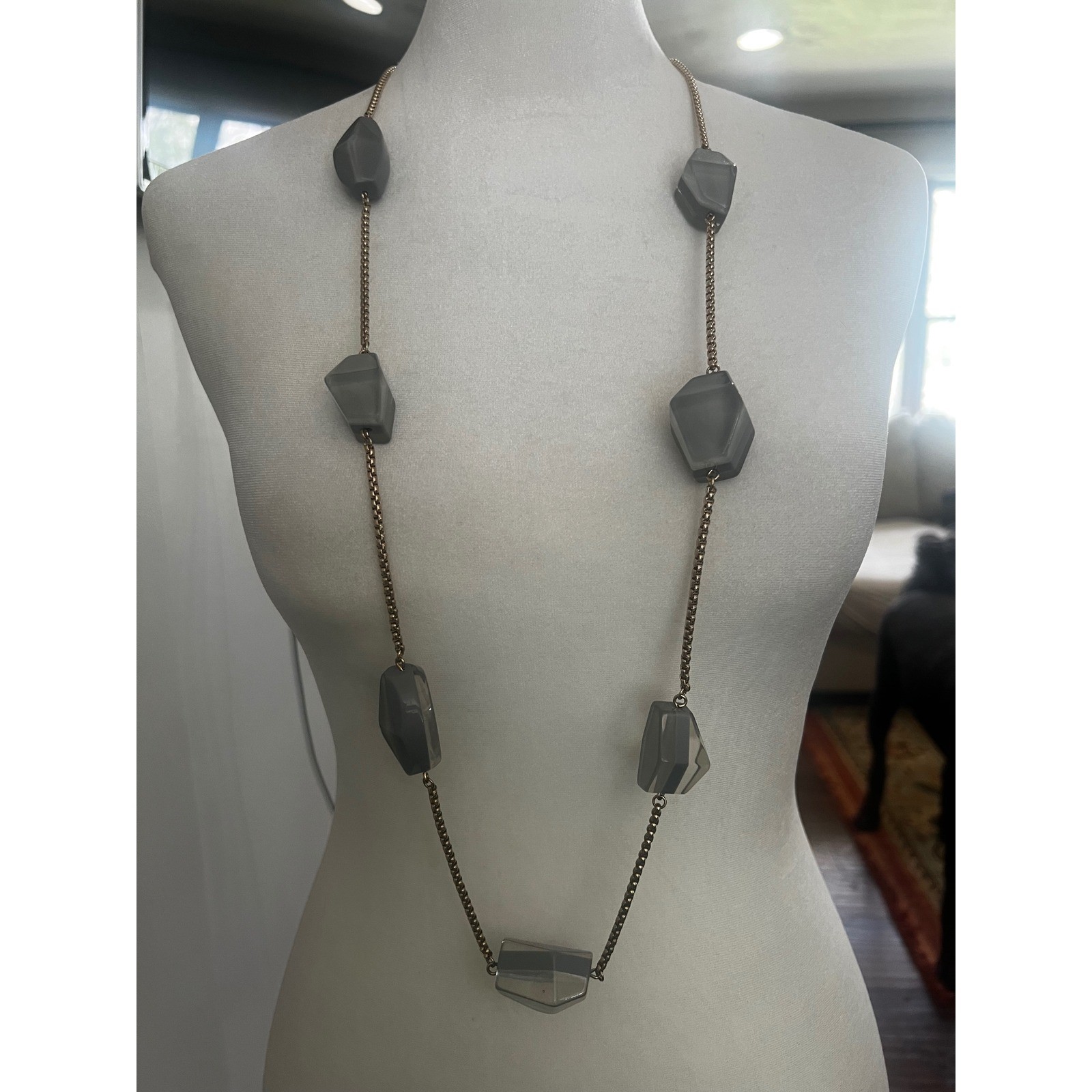 Geometric Grey Resin Station Long Necklace Gold Tone Box Chain 38-40″ Modern