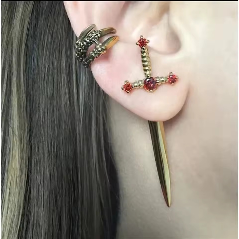 2pcs Gothic Sword Stud Earrings, Vintage Punk Crystal Dagger Ear Piercing Jewelr
