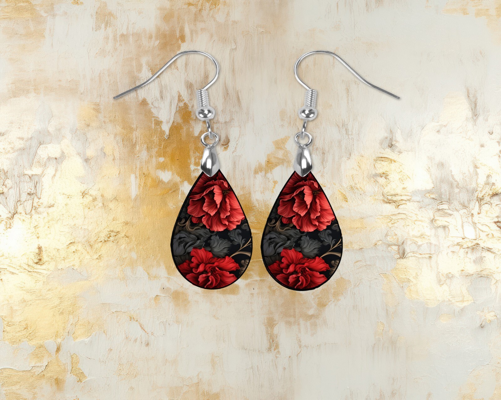 Ruby Red and Black Floral Wood Dangle Teardrop Print Earrings Jewelry