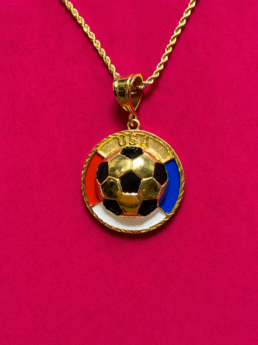 14KT Gold Plated USA Enamel Soccer Ball Charm w/ 24″ 2.5mm rope chain- USSB