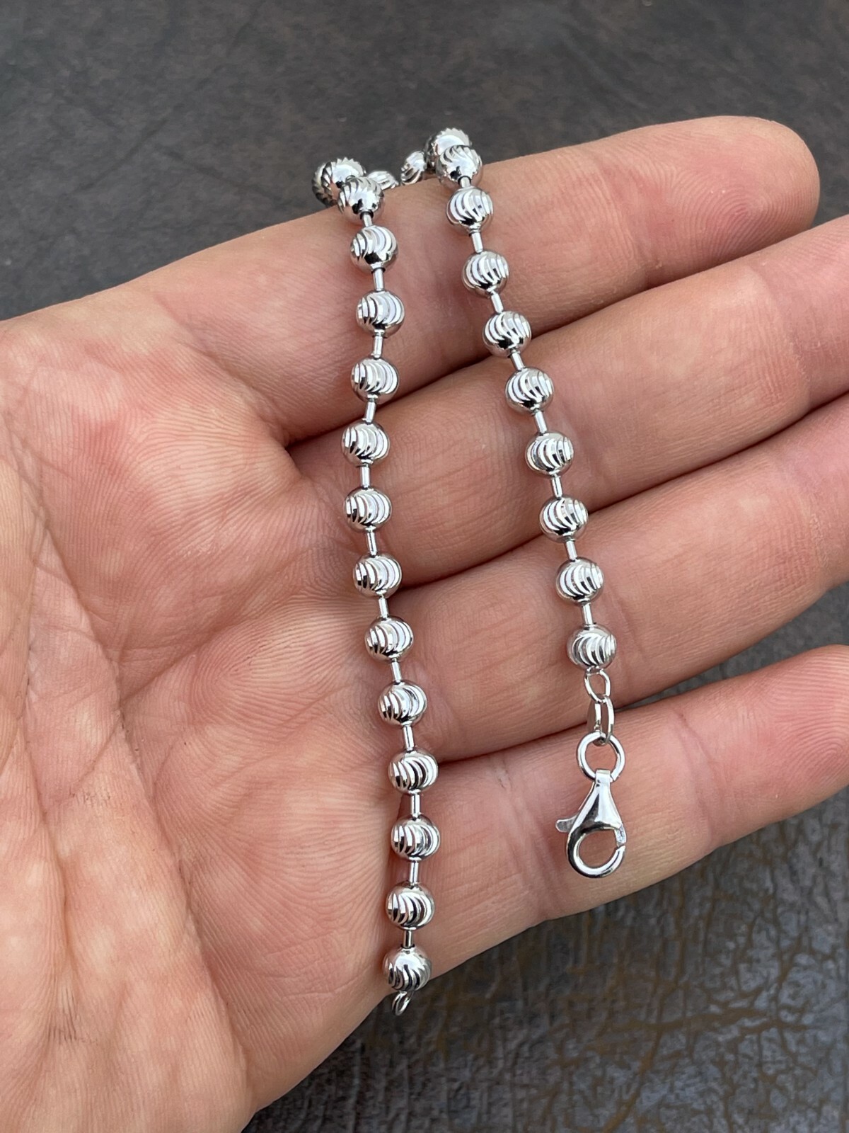 Men’s Solid 925 Sterling Silver Ball Moon Diamond Cut Bracelet 5mm Thick Beads