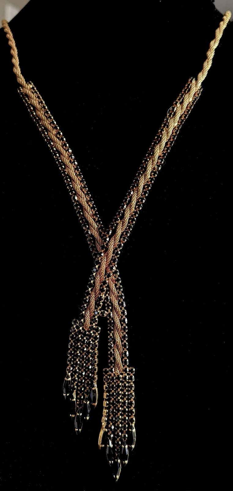 Vtg 50’s 60’s Fixed Lariat Waterfall Necklace Gold Mesh Black Rhinestone Tassel!