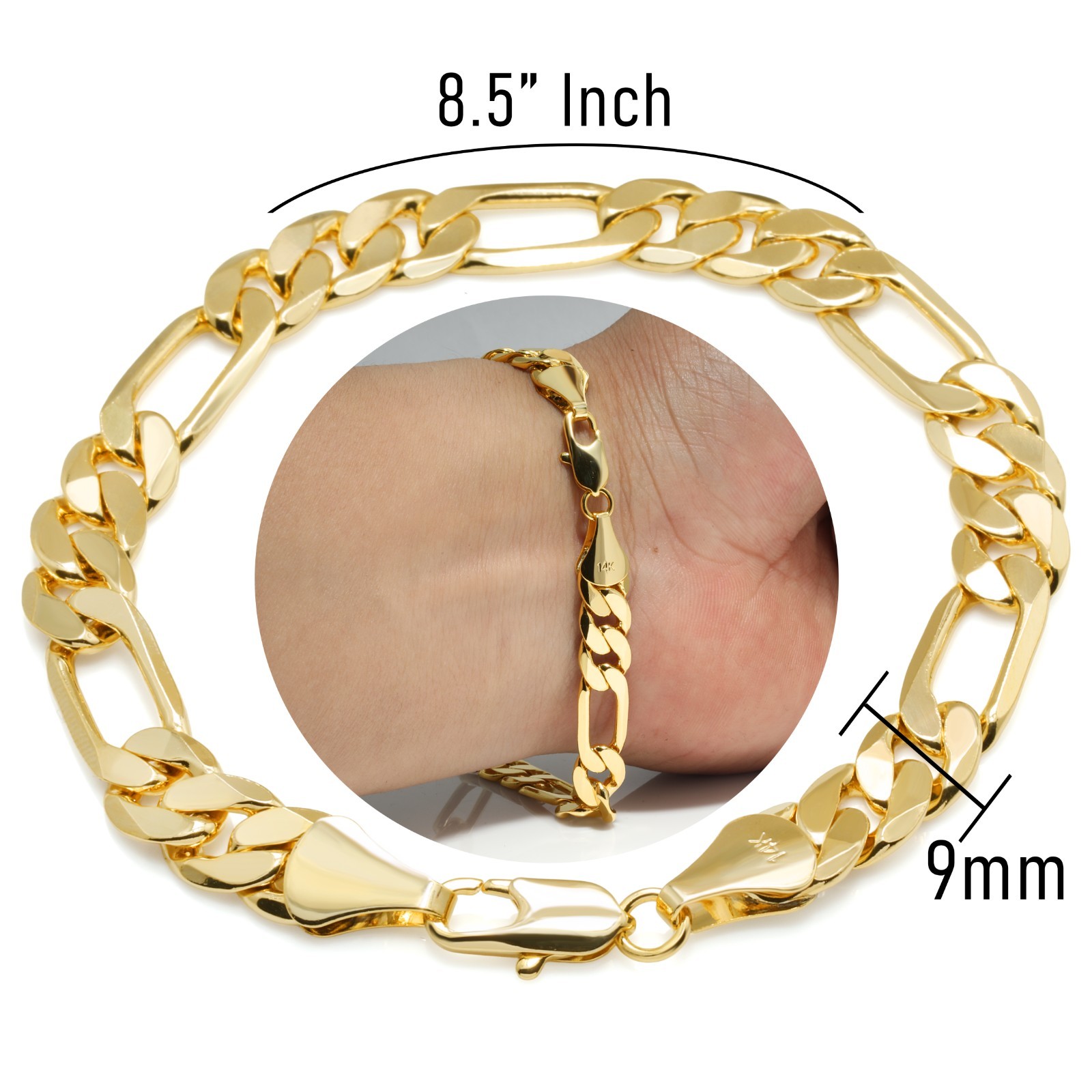 Figaro Chain Bracelet 9mm 8.5″ 14K Gold Plated Hip Hop Jewelry Men’s Fashion