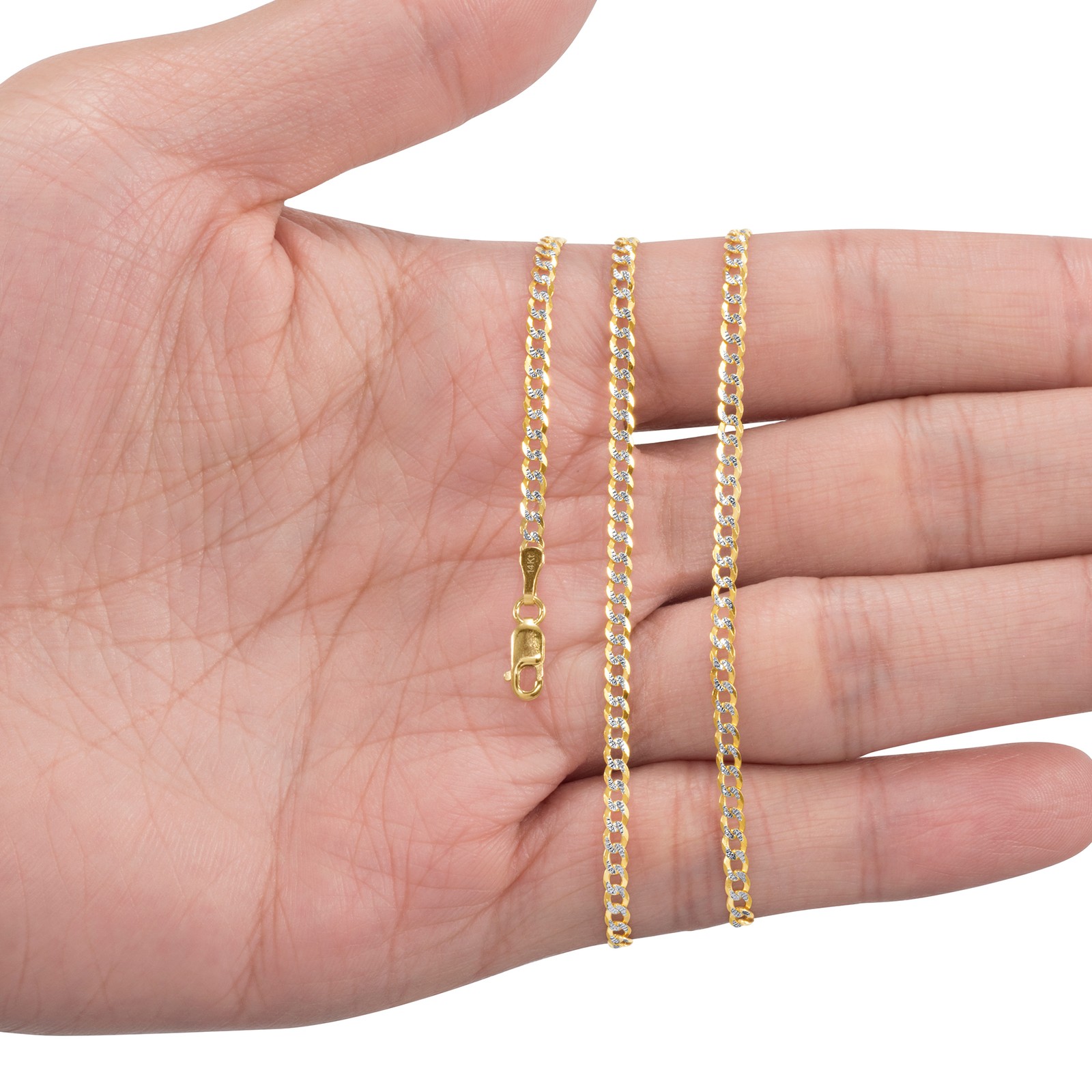 Solid 14K Gold 2-12mm Diamond Cut Pave Curb Chain Cuban Necklace Bracelet 7″-30″