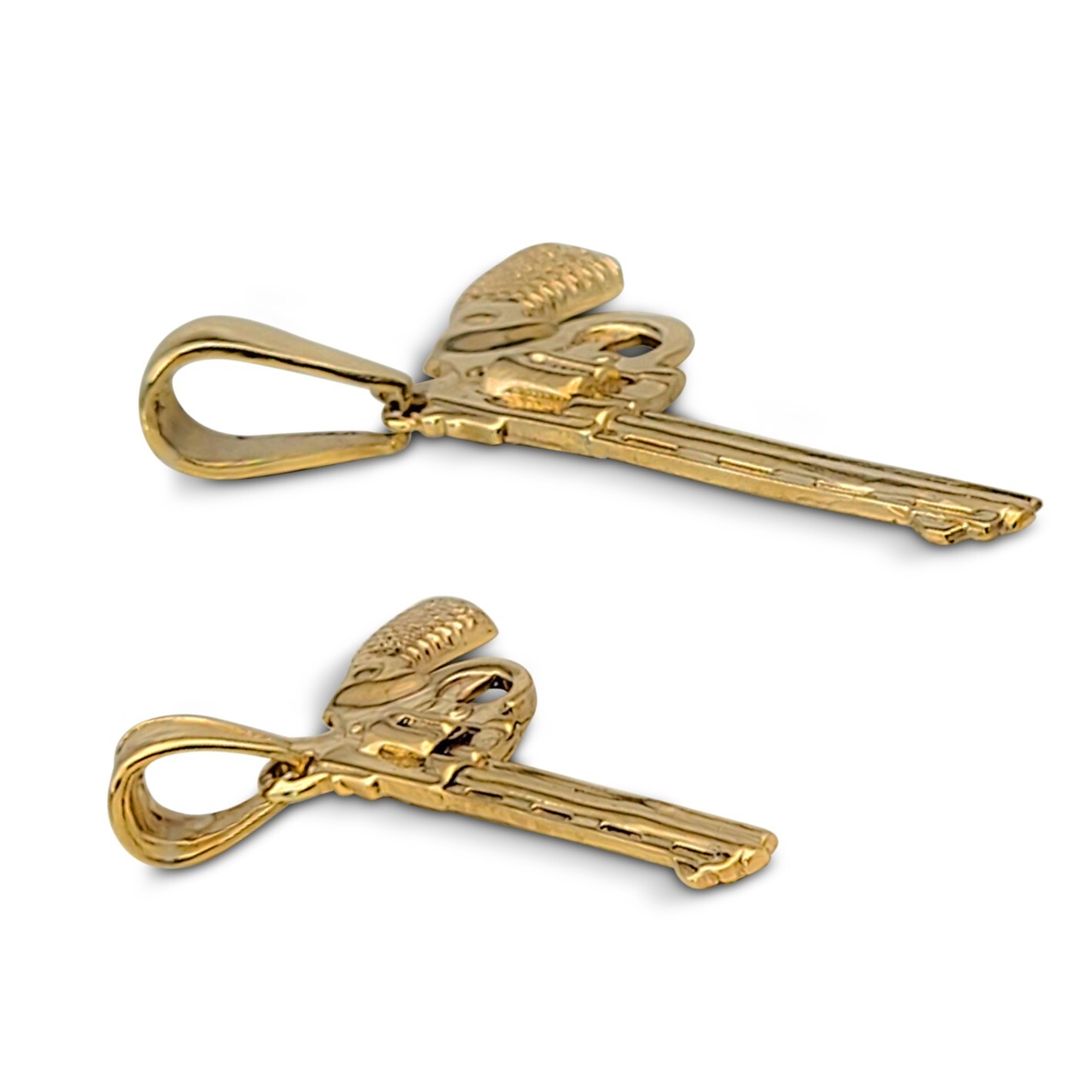 Solid 18K Yellow Gold Revolver Pistol Pendant, Six Shooter Real Gold Gun Pendant