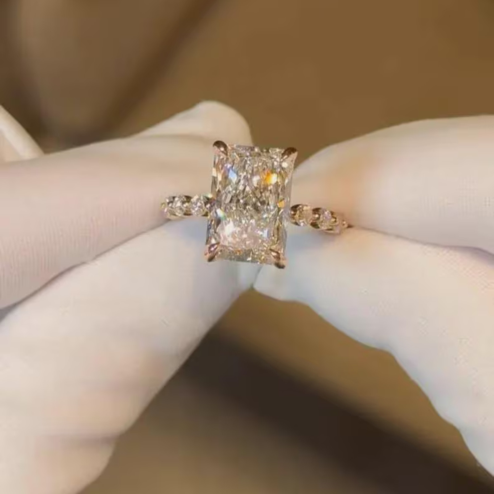 5 CT Radiant Lab Grown Diamond Engagement Ring With Twist Pave Band | 14k Gold