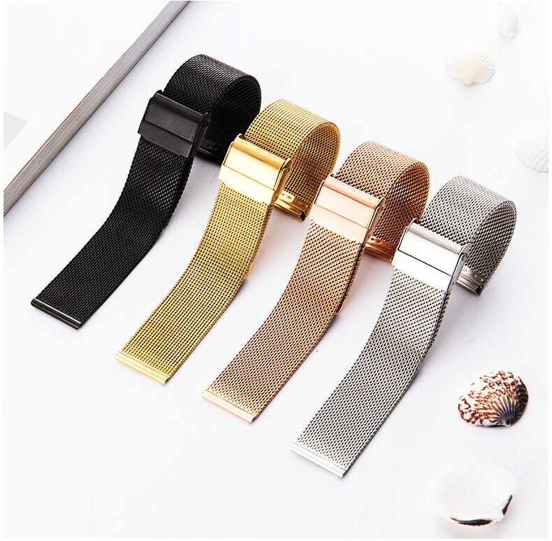 0.6mm Wire Meshed Loop Watch Strap 22mm Mesh Band Double-lock Clasp 10-20mm 24mm