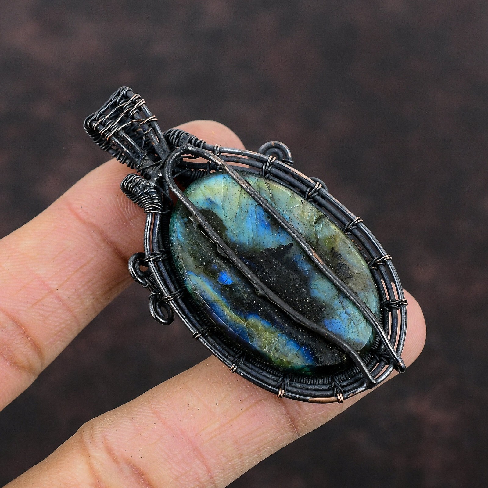 Gift For Her Neon Flash Labradorite Wire Wrapped Pendant Copper Jewelry 2.56″