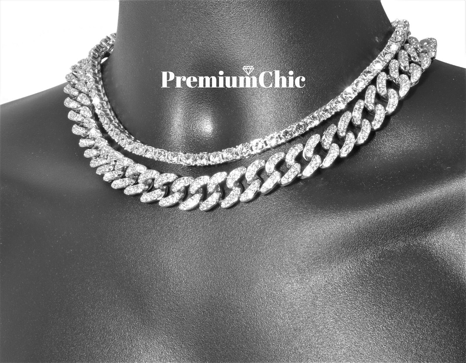 Tennis Chain + Miami Cuban Choker Hip Hop Men Gold / Sliver Plated CZ Necklace