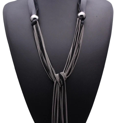 Black Haute Couture Silver Chain Long Lariat Tassel Necklace Fashion Jewelry