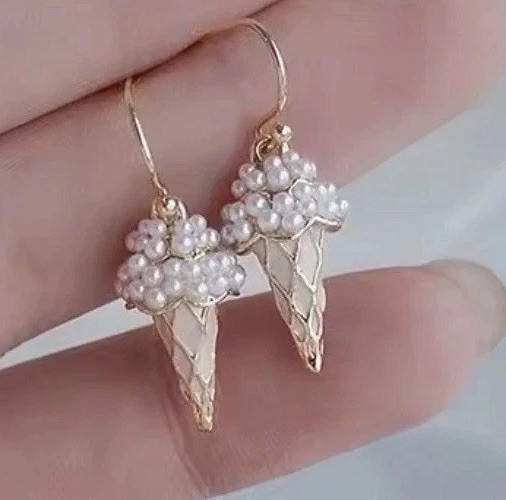 14k Gold Plated Pearl Cone Ice Cream Dangle Earrings NWOT