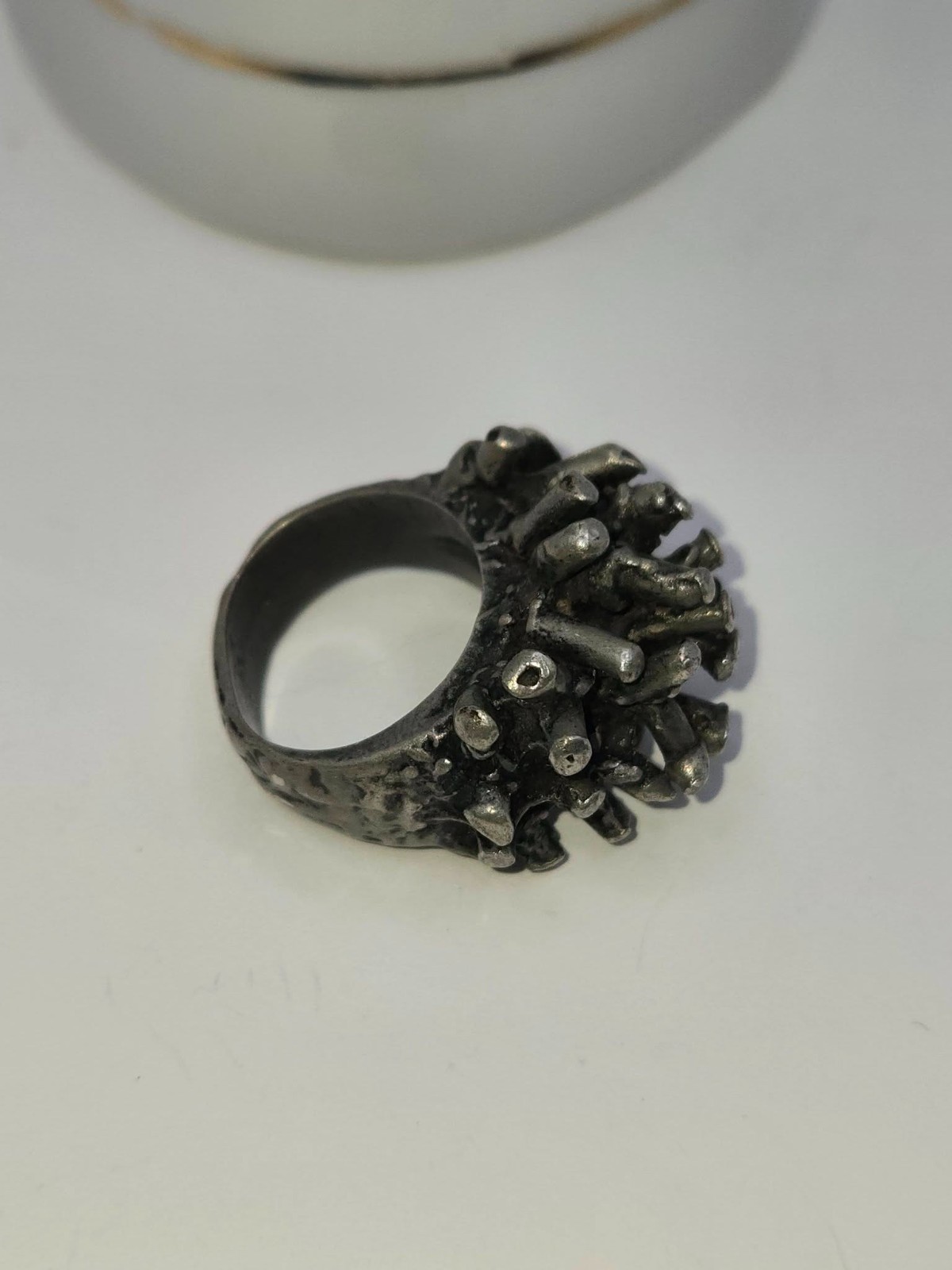 Vintage 1970s Brutalist Pewter Statement Ring Hand-Cast Utah Studio Art Jewelry