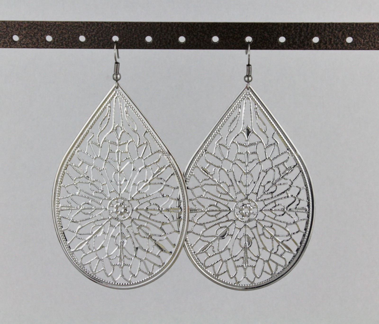 Big Huge Dark Grey earrings lightweight filigree teardrop oval dangle 3.75″ long