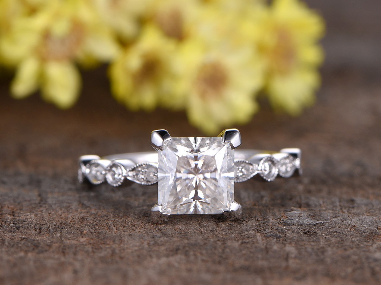 Princess Cut Lab Grown Diamond Wedding Ring 14K White Gold 2.12 Ct