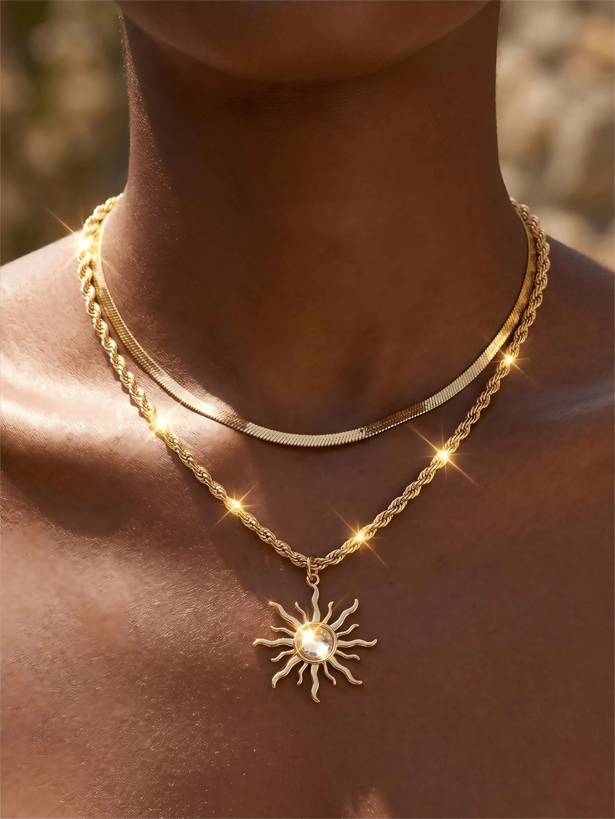 Minimalist Gold Sun Pendant Necklace Double Layer Chain Herringbone Choker