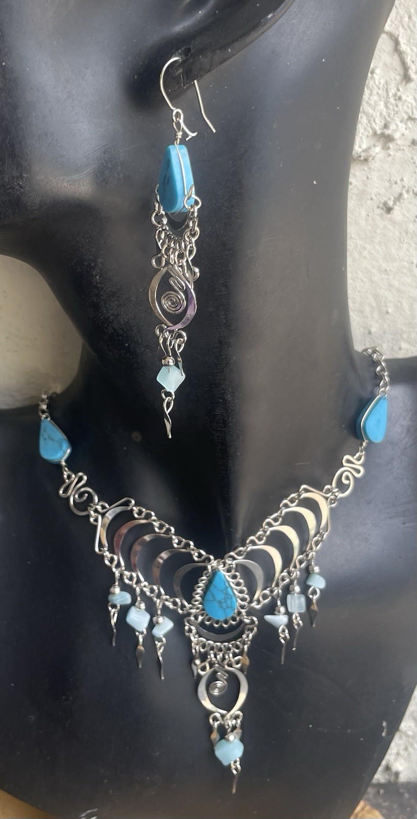Peruvian Blue Turquoise Semi-Precious Stone Necklace Long Earrings Set Boho Peru