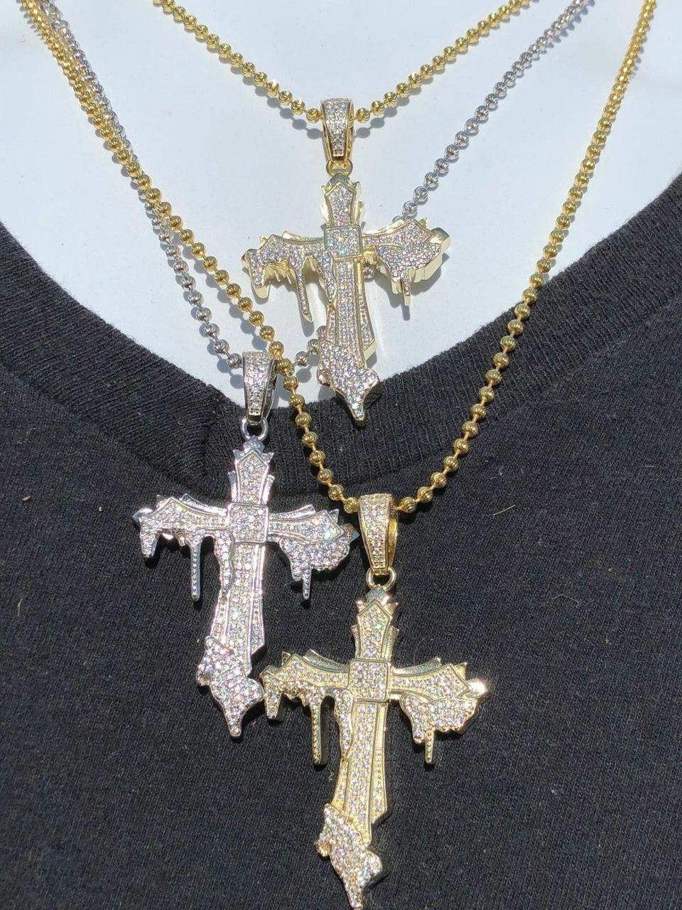 Solid 925 Sterling Silver Gold Plated Dripping Cross Mens Icy Pendant Flooded CZ