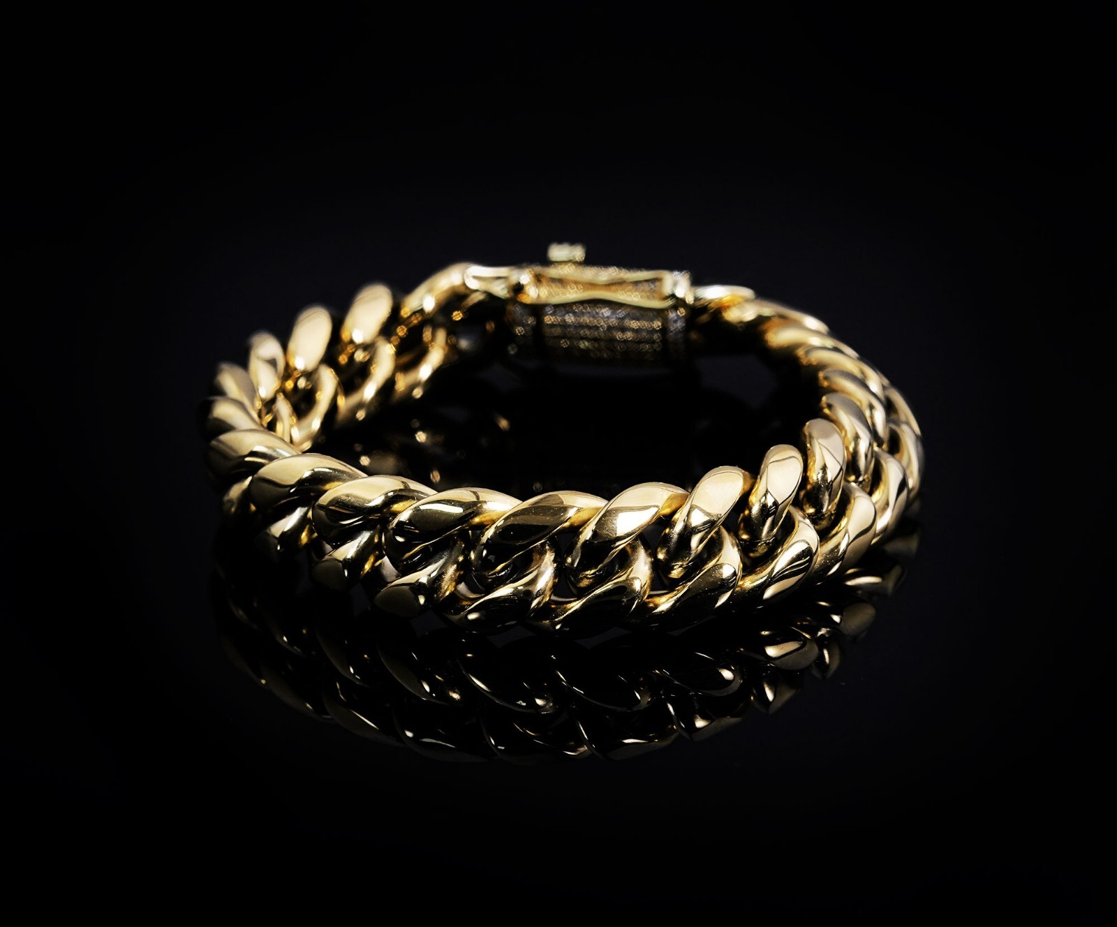 14K Gold Plated Chain CZ Clasp Stainless Steel Miami Cuban Link Bracelet 6-14MM