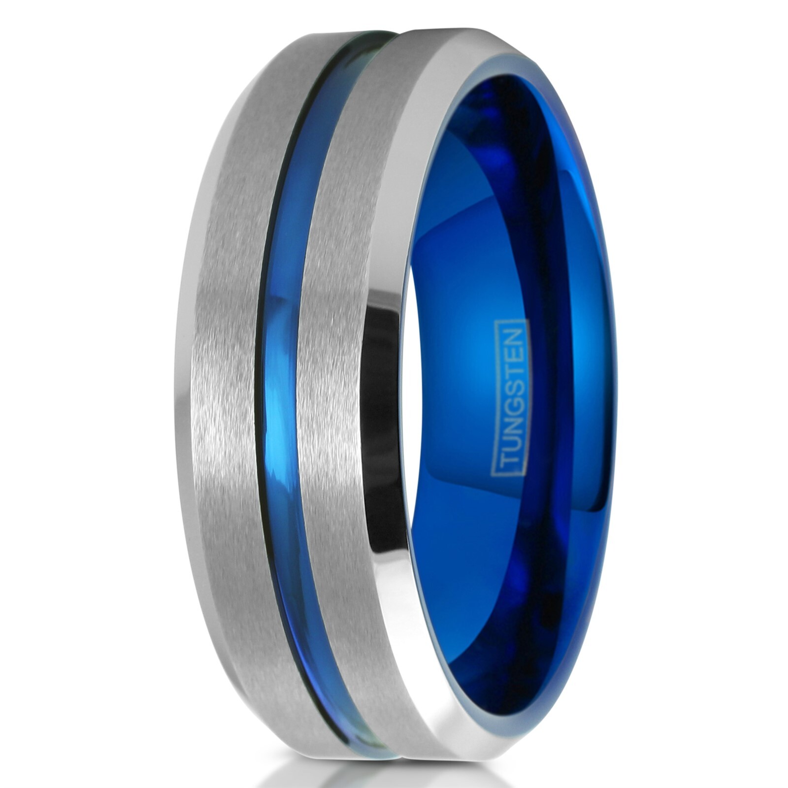 Tungsten Carbide Men’s Ring Brushed Silver Thin Blue Line Wedding Band Jewelry