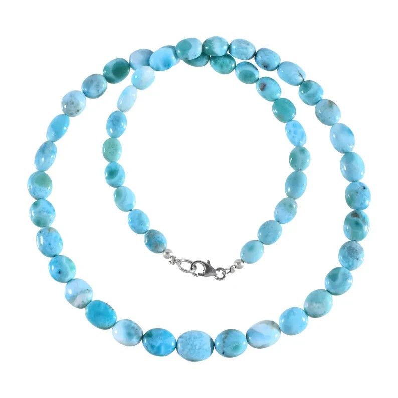 Natural Blue Larimar 4X6mm Beaded Necklace 925 Sterling Silver Handmade 18″ Gift