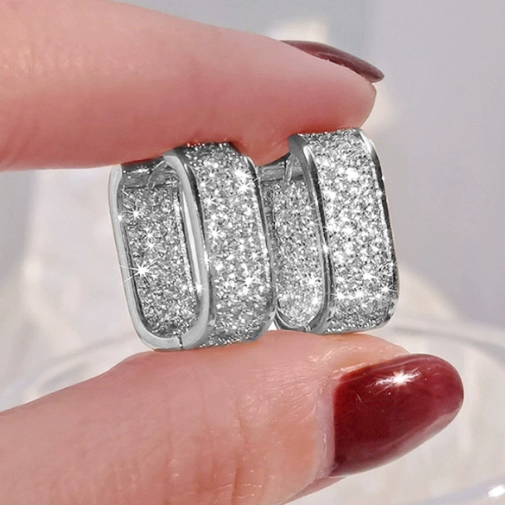 Women 925 Sterling Silver Plated U Micro Pave CZ Square Huggie Hoop Earrings A32